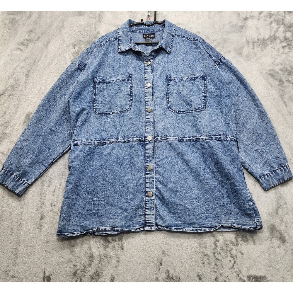 CaCia Jacket Womens 1X Blue Acid Wash Lightweight Snap Front‎ Drawcord Shacket